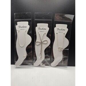 Lot of 3 Silver Tone Anklets Rhinestone Bow Paw Print Heart Ankle Bracelets New